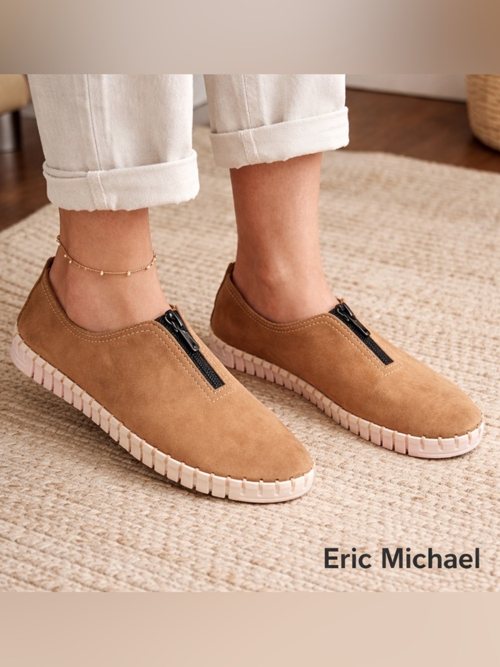 Eric Michael Leather Zip Slip On Shoes Size US 9.5 EU 40 Tan Comfort Italian